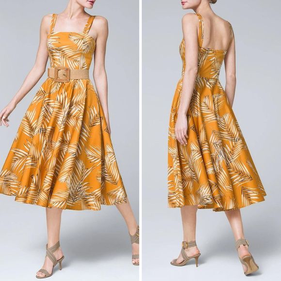 NEW White House Black Market gold Palm-Print Midi Dress with pockets, 8 - Picture 2 of 15